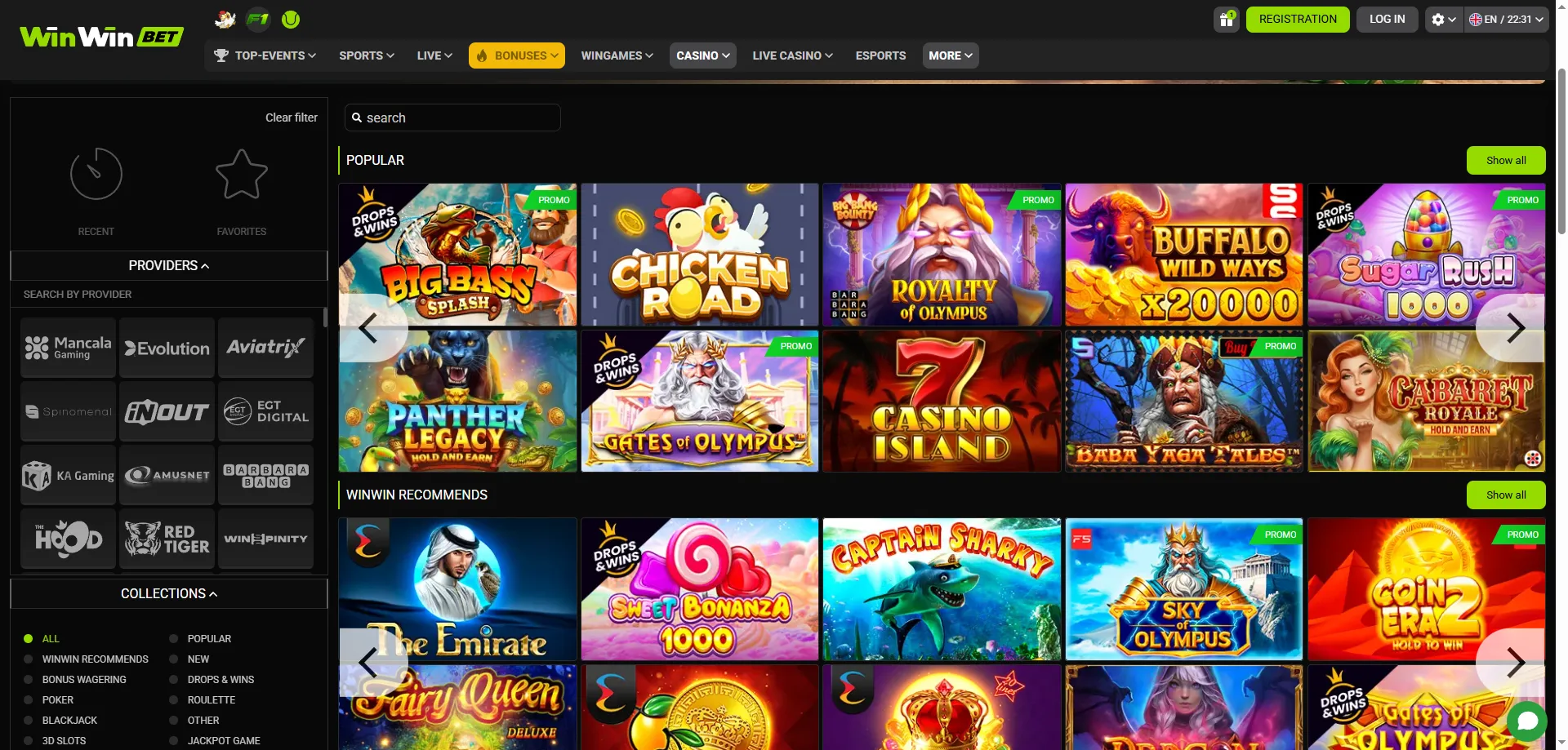 Jeux de casino WinWin Bet CI &mdash; plus de 1200 slots et tables